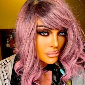 Fun rose/ pink mauve wig with fringe bangs , brand new , synthetic